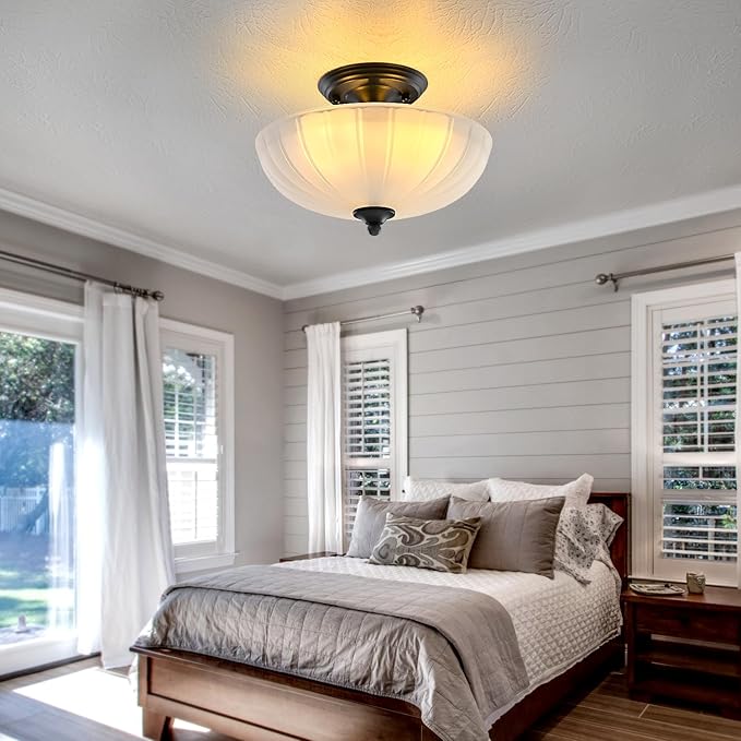 Semi Flush Mount Ceiling Light, 3-Light Kitchen Ceiling Lighting Fixtures with Frosted Glass Lampshade, Black Modern Chandelier for Living Room Bedroom Hallway