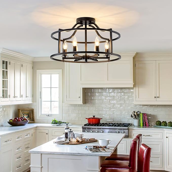 UOFUS Black Farmhouse Chandelier 6-Light Metal Dining Room Light Fixture Modern Industrial Semi Flush Mount Ceiling Light Fixture for Kitchen Island Bedroom Entryway Hallway Foyer E12 Base