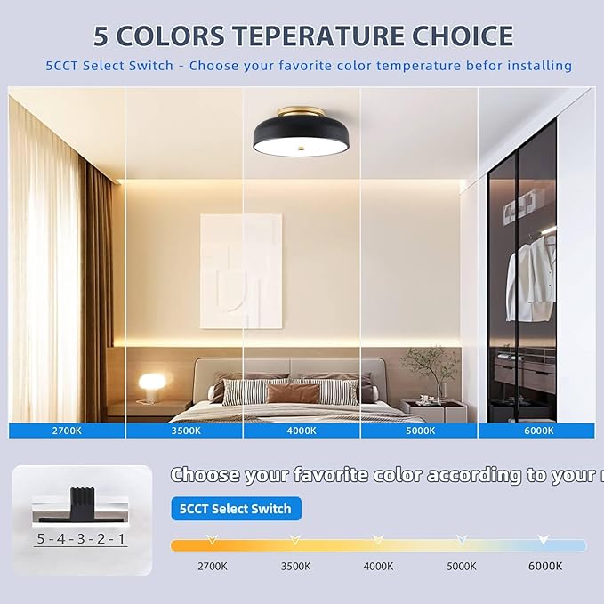 Dimmable LED Ceiling Light, Black and Gold Light Fixture, Mid-Century Semi Flush Mount Ceiling Light 5CCT 2700K-6000K Ceiling Lamp for Laundry Room Kitchen, Bedroom, Hallway(11.8in)