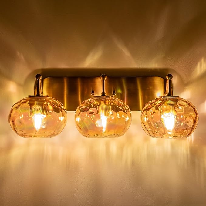 23" Brushed Gold Vanity Light Stained Amber Hammered Glass Wall Sconce 3-Light Brass Wall Lamp for Hallway Living Room Stairwell Bathroom Over Mirror