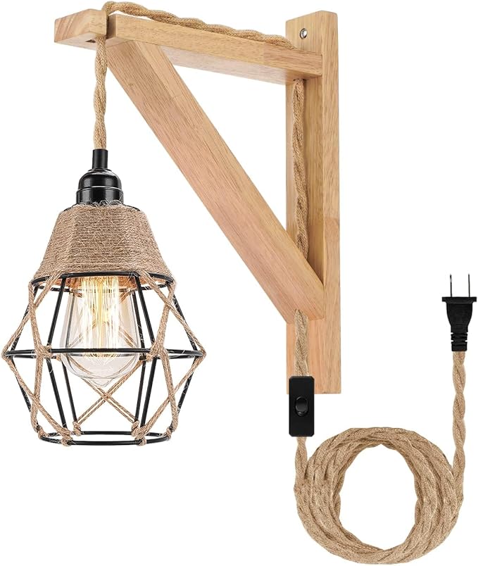 Frideko Wall Lamp with Plug in Cord - Plug in Wall Sconces, Farmhouse Hanging Lamps that Plug into Wall Outlet, Rustic Wall Mount Lamp with Wood Shelf Bracket & Switch Cord for Living Room, Bedroom