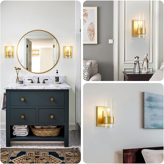 WUZUPS Set of 2 1-Light Bathroom Wall Light Fixture Over Mirror Flat Class Shade Morden Vanity Scones for Bathroom Bedroom Living Room, E12 Base, Gold