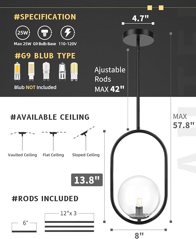 AUTELO 1-Light Matte Black Pendant Lights Kitchen Island, Kitchen Pendant Lighting Over Island with Clear Globe Glass, Black Hanging Lamp with Adjustable Rod for Kitchen Island H9376 CLBK