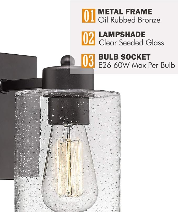 Beionxii 2 Light Bathroom Vanity Lights, Vintage Wall Sconce Oil Rubbed Bronze with Clear Seeded Glass 16" W x 8.75" H - MB9002-2
