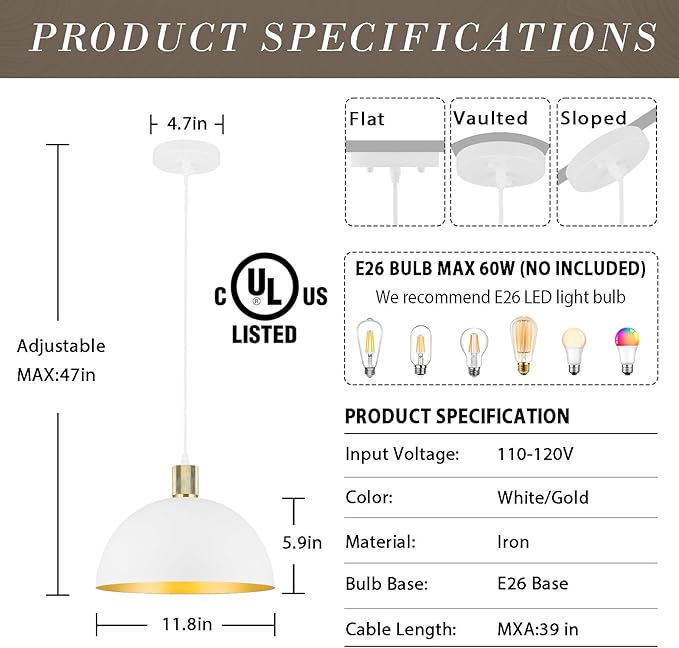 White Gold Pendant Lights Kitchen Island, 11.8" Modern Dome Pendant Light Fixtures Farmhouse Hanging Lights for Dining Room Hallway Sink Entryway