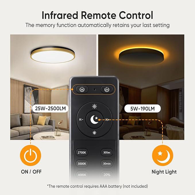 Lightania 13 Inch Flush Mount Ceiling Light with Remote Control & Night Light, 5CCT Dimmable Ceiling Light Fixture, 25W 2500LM 2700K-6500K Adjustable LED Ceiling Lights for Bedroom Kitchen Living Room