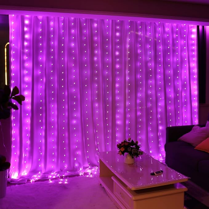 HXWEIYE 300LED Fairy Curtain Lights, 9.8x9.8Ft USB Plug-in 8 Modes Christmas String Hanging Lights with Remote for Bedroom Backdrop Wedding Indoor Wall Decor, Pink, Tangle-Free – 1 Pack