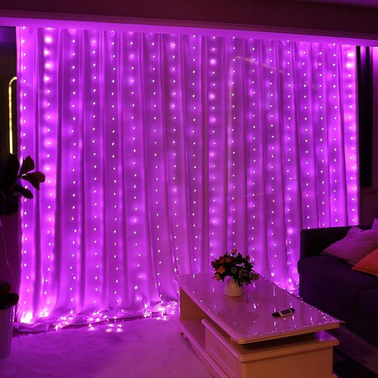 HXWEIYE 300LED Fairy Curtain Lights, 9.8x9.8Ft USB Plug-in 8 Modes Christmas String Hanging Lights with Remote for Bedroom Backdrop Wedding Indoor Wall Decor, Pink, Tangle-Free – 1 Pack