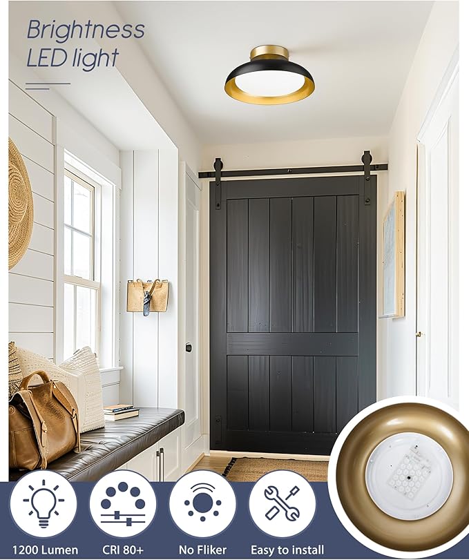 kudos Semi Flush Mount Ceiling Light Fixture, Black and Gold LED Ceiling Lights, 12 Inch Light Fixtures Ceiling Mount for Hallway, Bedroom, 3000K/4000K/6000K Adjustable, 2 Pack, KDCL01-BK-2PK