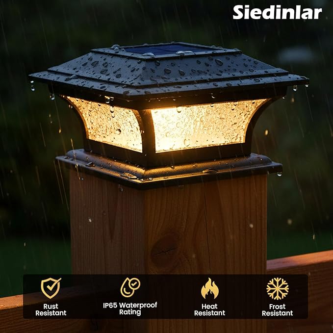 SIEDiNLAR Solar Post Lights Outdoor Glass LED Fence Cap Light 2 Modes for 4x4 5x5 6x6 Posts Deck Patio Garden Decoration Warm White/Cool White Lighting Black (1 Pack)