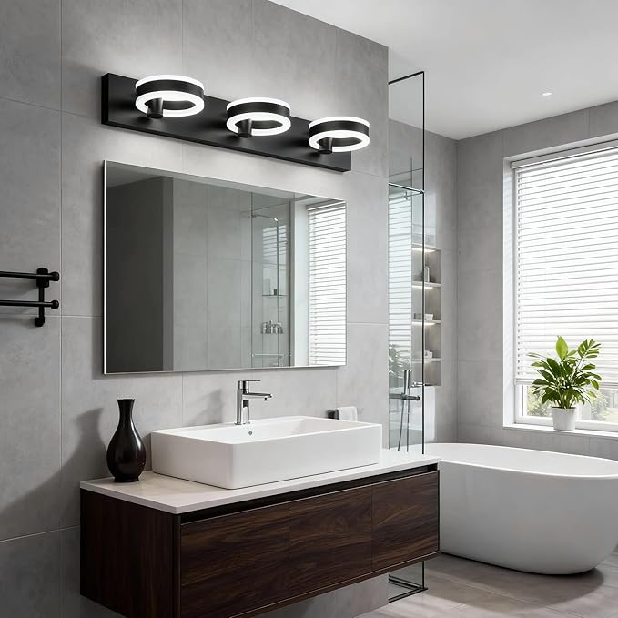LED Bathroom Light Fixtures, 24inch Black Vanity Lights, Modern 3 Light Acrylic Wall Sconces, 350° Rotatable Wall Lighting Fixture Over Mirror