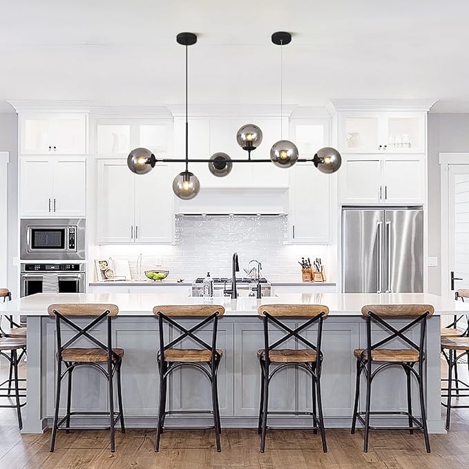 BOKT Mid Century Modern Globe Linear Chandelier Pendant Light Fixture Black Smoke Gray Glass Kitchen Island Pendant Light Dining Room Ceiling Hanging Lamp