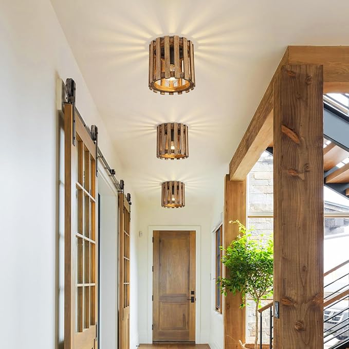 Rustic Farmhouse Ceiling Light, Wood Cage Mini Flush Mount Light, Hallway Light Fixtures for Entryway for Kitchen, Dining Room, Brown