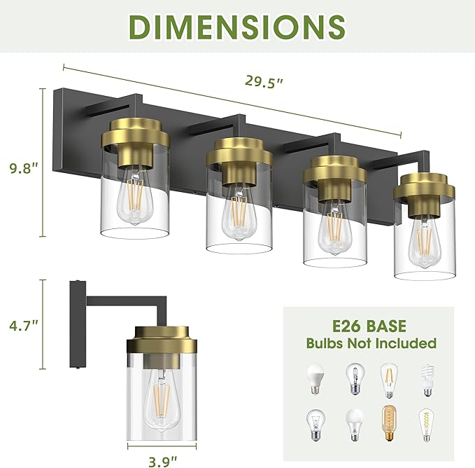 Espird Bathroom Lighting Fixtures, 4-Light Bathroom Vanity Lights Over Mirror, Black and Gold Vanity Light with Glass Shade, Modern Vanity Lighting Fixtures for Bathroom, Bedroom, Hallway