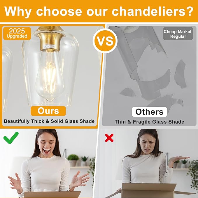 37" Dining Room Light Fixture/Chandelier Over Table, 5-Light Brushed Gold Kitchen Island Lighting with Clear Glass Shade, Modern Hanging Pendant Lights Fixture for Kitchen Island, Dining Room, Bar
