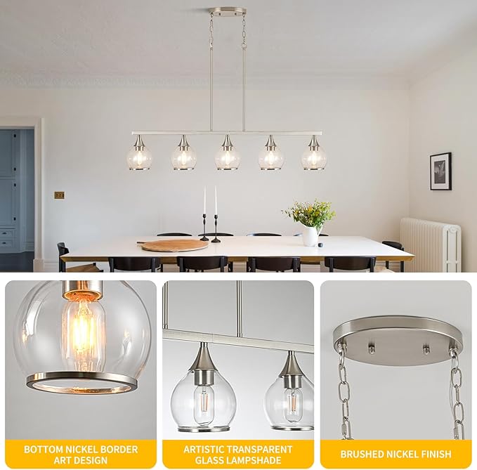 Island Light for Kitchen, 5-Light Brushed Nickel Kitchen Island Linear Hanging Pendant Chandeliers, Brushed Nickel Dining Room Light Fixture Over Table with Clear Round Glass Shades