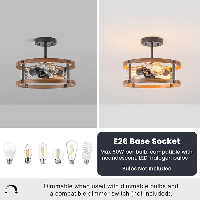Farmhouse Semi Flush Mount Ceiling Light Fixture, Rustic 3-Light Flush Mount Light Fixture with Wood Grain Finish, Retro Ceiling Lamp for Hallway Entryway Bedroom Dining Room