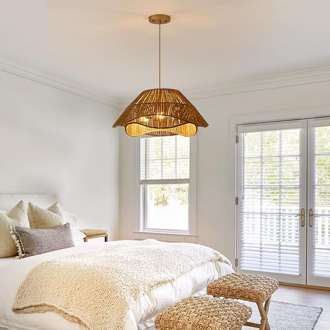 19.68" Large Gold Rattan Pendant Light, 3-Light Farmhouse Chandeliers for Dining Room, Woven Wicker Flush Mount Hanging Light, Adjustable Boho Pendant Lighting for Kitchen Island Bedroom