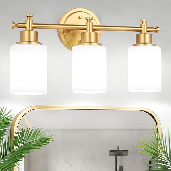 3-Light Bathroom Vanity Light, Brushed Gold Vanity Lights for Bathroom, Modern Champagne Gold Wall Sconce with White Glass Shades, Anti-Rust Light Fixtures over Mirror (Bulbs Not Included, E26 Base)