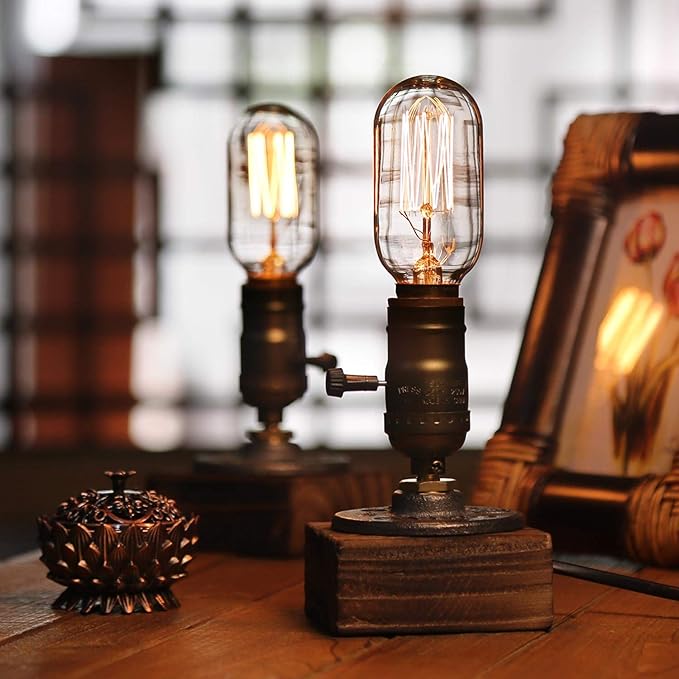 Industrial Steampunk Desk Lamp,Vintage Steam Punk Piping Table Top Lamp,Antique E26 Small Edison Bulb Iron Retro Lamps with Minimalist Loft Style Accent Wood Base for Bedside,Café,Bar,Pub,etc