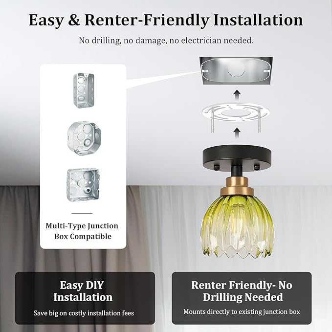 TALOYA Semi Flush Mount Ceiling Light, Close to Ceiling Light Fixtures with Green Tulip Glass Shades Modern Farmhouse Lighting Fixtures for Hallway Corridor Kitchen Bathroom Bedroom Passway