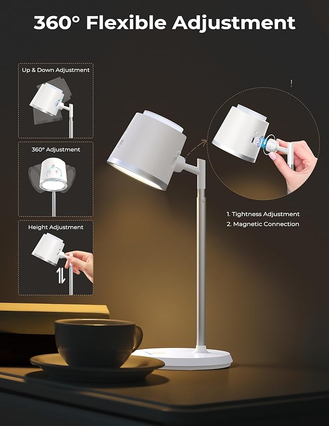 Modular LED Desk Lamp for Home Office, Eye-Caring Table Lamp Dimmable Rechargeable with 360°Adjustable Head, 3 Color Temperatures & Stepless Brightness, Touch Control & Memory, Multi-Scene Use, White