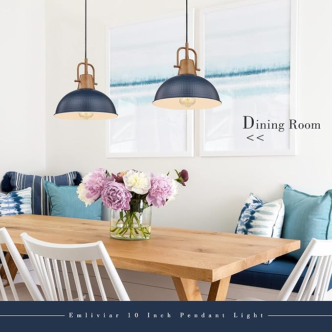 Emliviar 2 Pack Blue Hammered Pendant Light, Metal Haning Lighting Fixtures with Wood Grain Part, GE269MIL-2 BL+WD