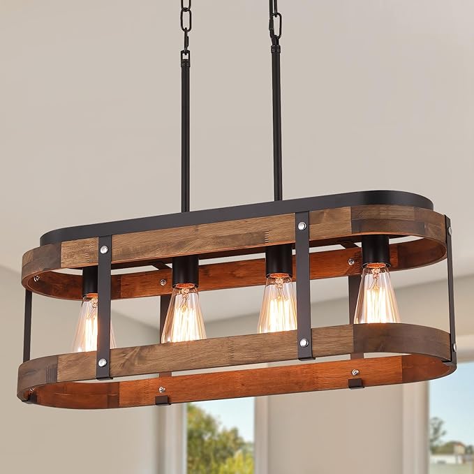 Rustic Farmhouse Wood Kitchen Island Lighting, 4 Lights Rectangular Pendant Light Fixture, Adjustable Rods Oak Wood and Metal Linear Chandelier for Kitchen Island Farmhouse Dining Room, Black