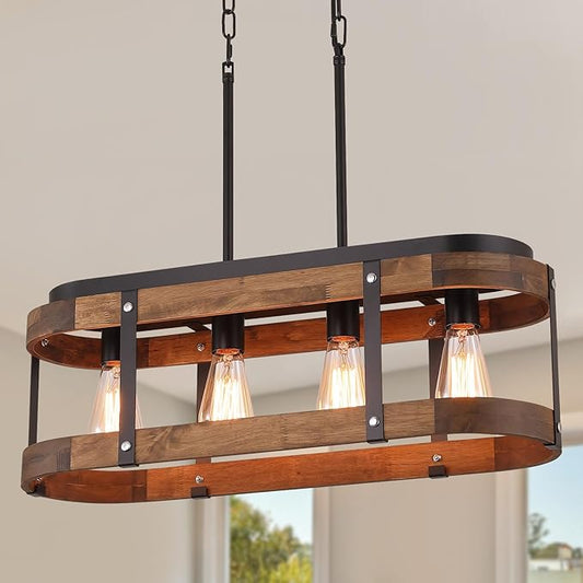 Rustic Farmhouse Wood Kitchen Island Lighting, 4 Lights Rectangular Pendant Light Fixture, Adjustable Rods Oak Wood and Metal Linear Chandelier for Kitchen Island Farmhouse Dining Room, Black