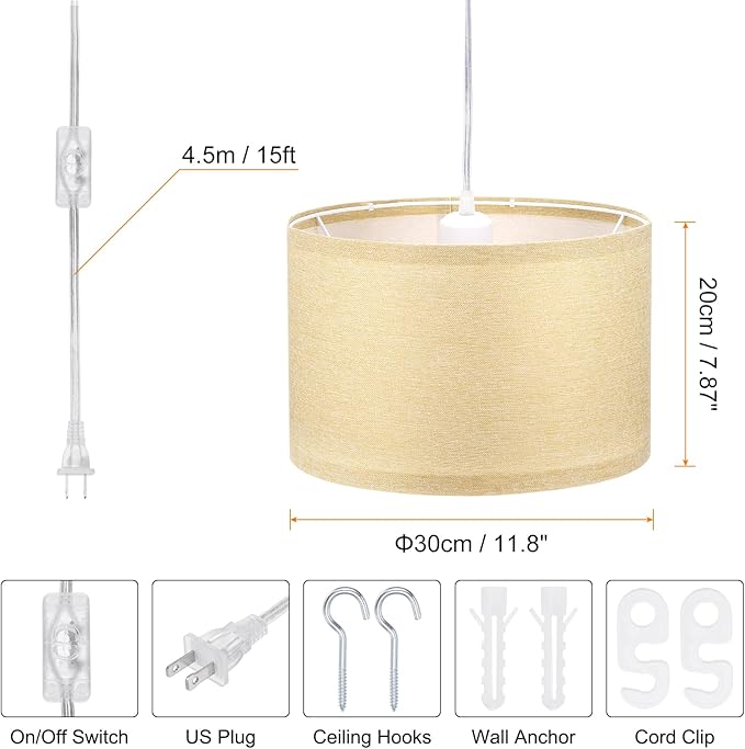 PATIKIL Plug in Pendant Light, 2 Pack 15Ft Rope Cord Hanging Lamp Fixture with ON/Off Switch, Linen Fabric Shade E26/E27 Bulb Socket for Bedroom Kitchen Living Room, Linen