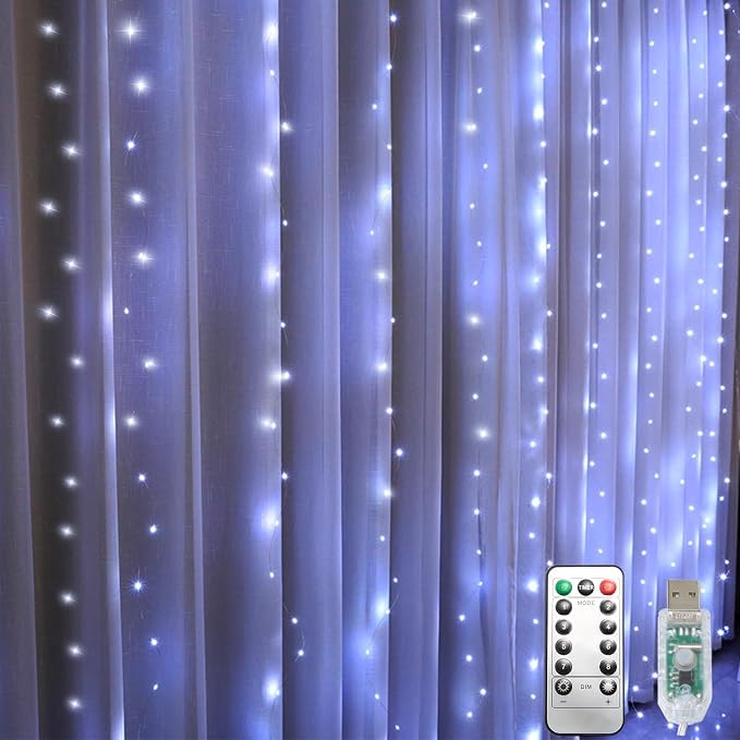 Curtain String Lights, 300 LED Fairy Lights with 8 Light Modes, 9.8x9.8Ft Remote Controlled Plug-in Fairy String Lights for Christmas, Bedroom, Indoor, Outdoor, Weddings, Party Decor (White)