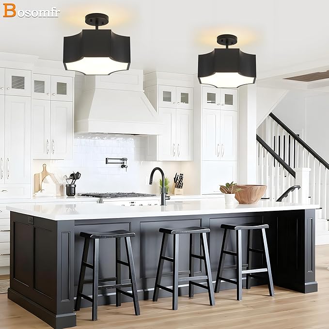 Modern Black 3-Light Ceiling Light Fixture, 12.6'' Metal Industrial Semi Flush Mount Close to Ceiling Light, Farmhouse Light Fixtures Ceiling Mount, Geometry Chandelier for Kitchen, Hallway