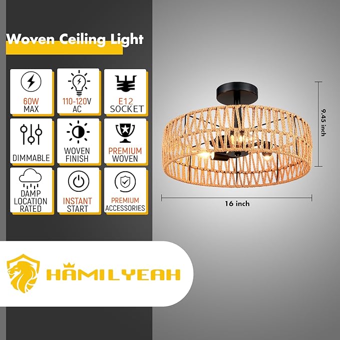 Hamilyeah Boho Woven Flush Mount Ceiling Light Fixture, 16 inch Rattan Light Fixture Ceiling Mount for Living Room, Bedroom, Kitchen
