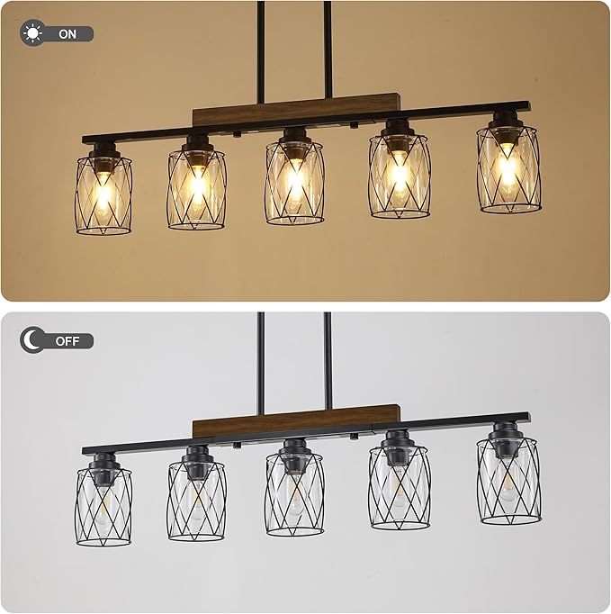 5-Light Dining Room Light Fixture/Chandelier Over Table, Island Lighting Hanging for Farmhouse Linear Chandeliers Matte Black Rustic Wood Ceiling Pendant Light Fixtures, with Clear Glass Shade