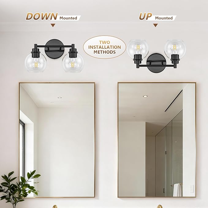 Black Bathroom Vanity Lights, 2-Light Wall Sconce with Glass Globe Shade, Vanity Lighting for Bathroom/Bedroom/Dressing Room, Vertical/Horizontal Mounted, E26 Bulb Base (Bulb Not Included)