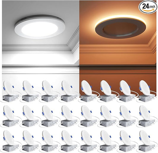 Ensenior 24 Pack 4 Inch LED Recessed Ceiling Light with Night Light, Dimmable, 2700K-5000K 5CCT, 750LM 9W 120V, High Brightness Canless Wafer Downlight - ETL&FCC&IC