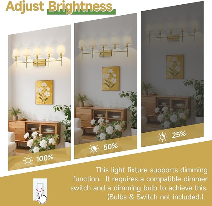5-light Bathroom Vanity Light,41 IN Vintage Brass Bathroom Light Fixtures Over Mirror,Wall Lamps For Bedroom With Flared White Fabric Lampshade For Living Room,Foyer,Hallway,Hardwired,E12 Base