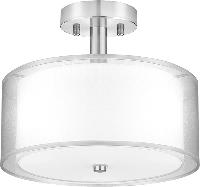 FOLKSMATE Silver Semi Flush Mount Ceiling Light Fixture, 3-Light Drum Light with Double Fabric Shade, Modern Close to Ceiling Lamp for Living Room, Bedroom, Dining Room, Kitchen, Hallway, Entry, Foyer