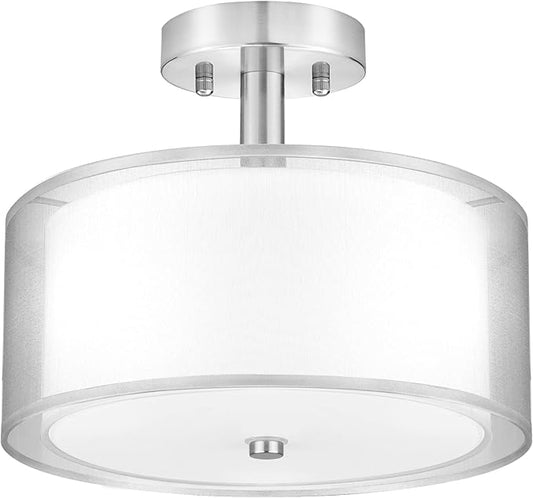 FOLKSMATE Silver Semi Flush Mount Ceiling Light Fixture, 3-Light Drum Light with Double Fabric Shade, Modern Close to Ceiling Lamp for Living Room, Bedroom, Dining Room, Kitchen, Hallway, Entry, Foyer