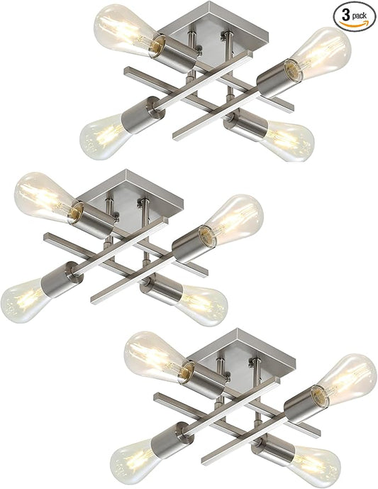 Industrial 4-Light Semi Flush Mount Ceiling Light Fixture, Modern Brushed Nickel Chandelier Lighting, Farmhouse E26 Base Sputnik Ceiling Lamp, 3 Pack
