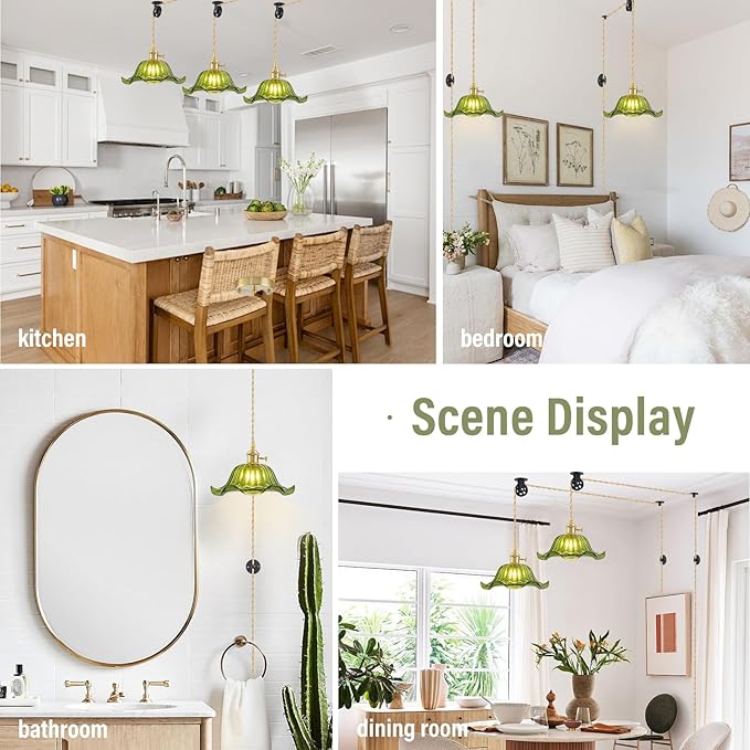 Plug in Pendant Light Vintage, Adjustable Pulley Hanging Lamp with Green Lily Glass Shade, Brass Hanging Lights with Plug in Cord for Bedroom Kitchen, Compatible with Indoor Plant Grow Light Bulbs