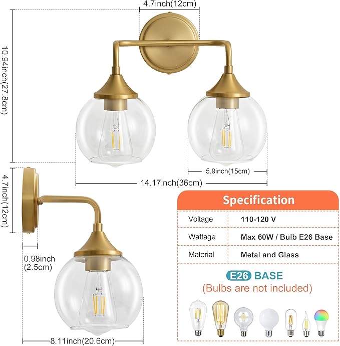 Gold Bathroom Vanity Light with Clear Glass Shade, E26 Base, 2-Light Bathroom Light Fixtures Over Mirror, 14 Inch Vanity Lights for Bathroom (Exclude E26 Bulb)
