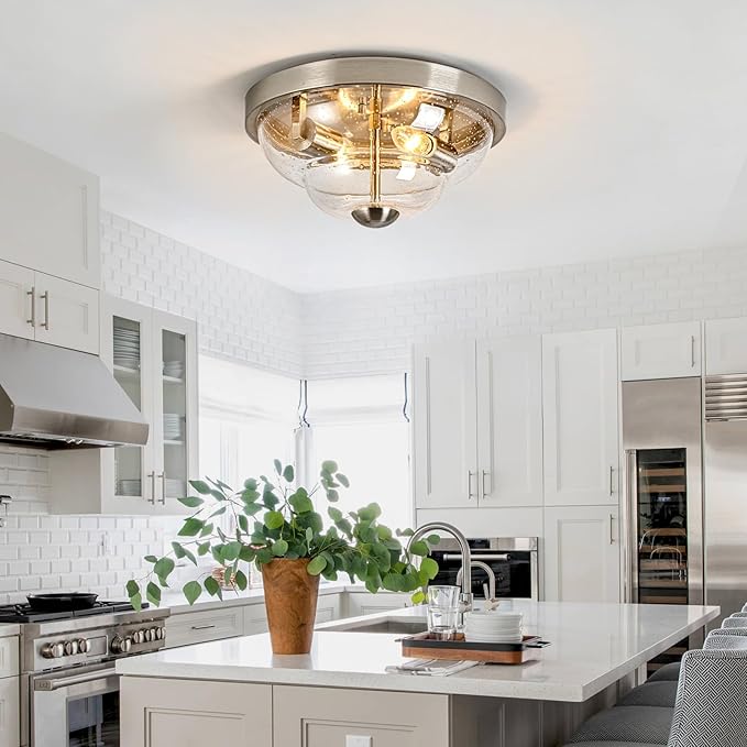 Flush Mount Ceiling Light Fixtures, 2-Light Ceiling Mount for Farmhouse with Seeded Glass Lampshade, Industrial Flush Mount Light Fixture Farmhouse for Hallway, Kitchen, Entryway,Bedroom