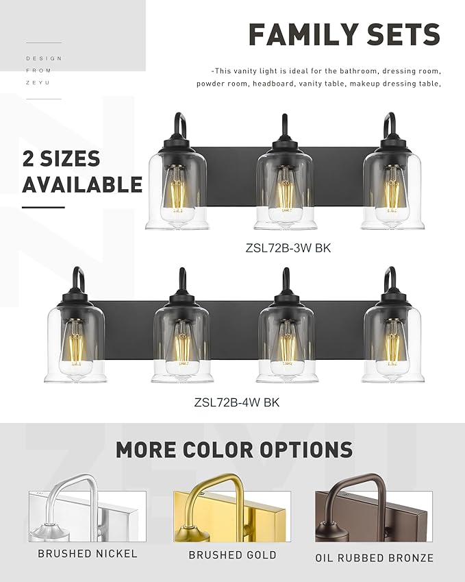zeyu Black Bathroom Vanity Light, 20.5 Inch Bathroom Light Fixtures Over Mirror, 3-Light Modern Wall Sconces with Clear Glass Shade, ZSL72B-3W BK