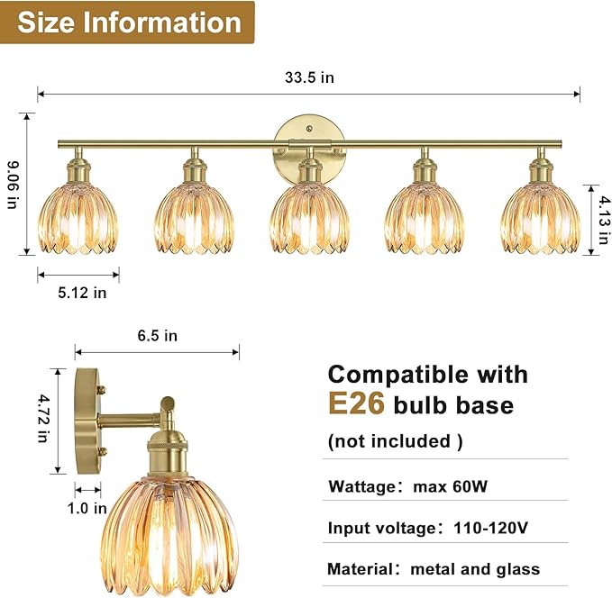 Vintage Bathroom Light Fixtures,5-Light Hardwired Vanity Lights with Amber Tulip Glass Shade,Gold Bathroom Vanity Light for Mirror Restroom,E26 Socket,33.46 in(Bulbs Not Included)
