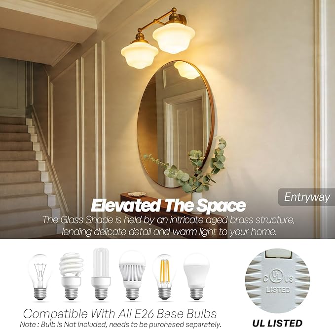 Vintage 2-Lights Wall Sconce Lights Brass Gold Bathroom Vanity Light with Milk Glass Double Sconce Wall Mounted Lamp for Bedroom Living Room Bathroom Mirror Kitchen Hallway Hardwire