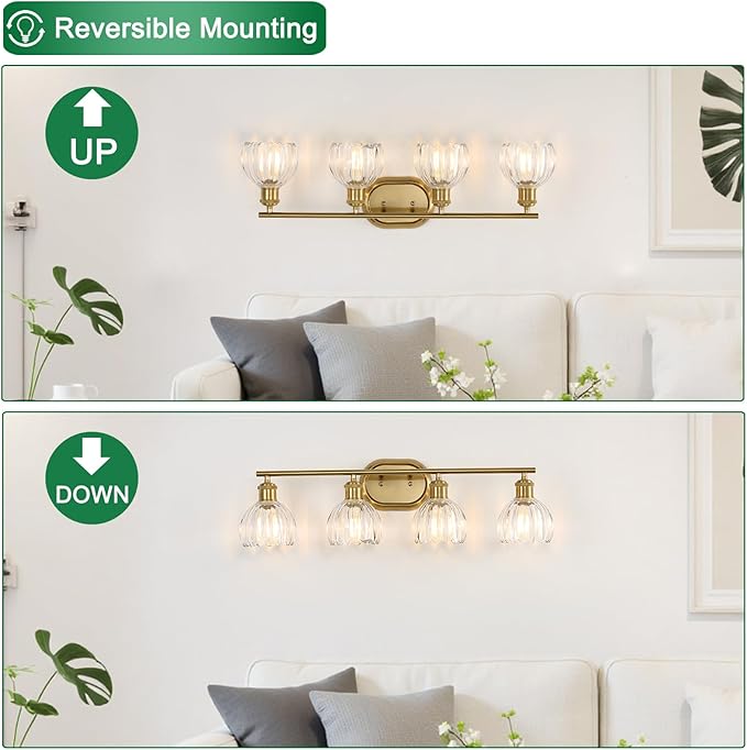 4-Light Bathroom Light Fixtures, Brushed Gold Vanity Lights for Bathroom with Ribbed Clear Tulip Glass Shade, Vintage Wall Scone Lighting Fixture Over Mirror for Bedroom Living Room Hallway