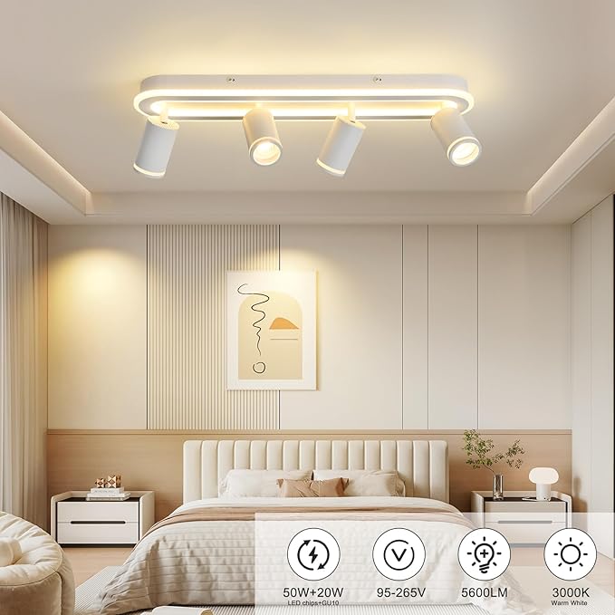 LED 4 Light Track Lighting Spotlight Kit, White Ceiling Spotlights, Modern Track Light Fixture with Flexibly Rotatable Light Heads, 50W+20W Dual Lighting for Kitchen Living Room,Includes 4 x GU10 Bulb