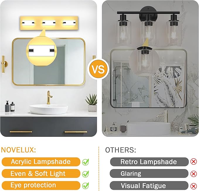 LED Bathroom Light Fixtures, 3-Light Modern Vanity Lights with Milky White Frosted Acrylic Shades, Gold Bathroom Lighting fixtures Over Mirror, ETL Listed, 20W (Cool White 5700K)