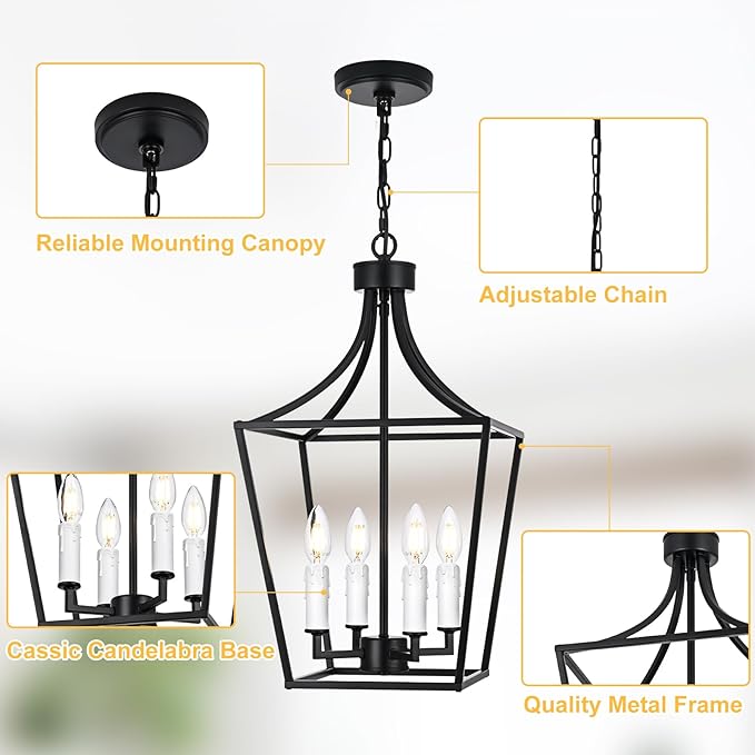 4-Light Black Lanter Chandelier, Height Adjustable Hanging Lighting, Farmhouse Dining Room Pendant Light Fixture for Kitchen Island Entryway Staircase, E12 Bulb Base